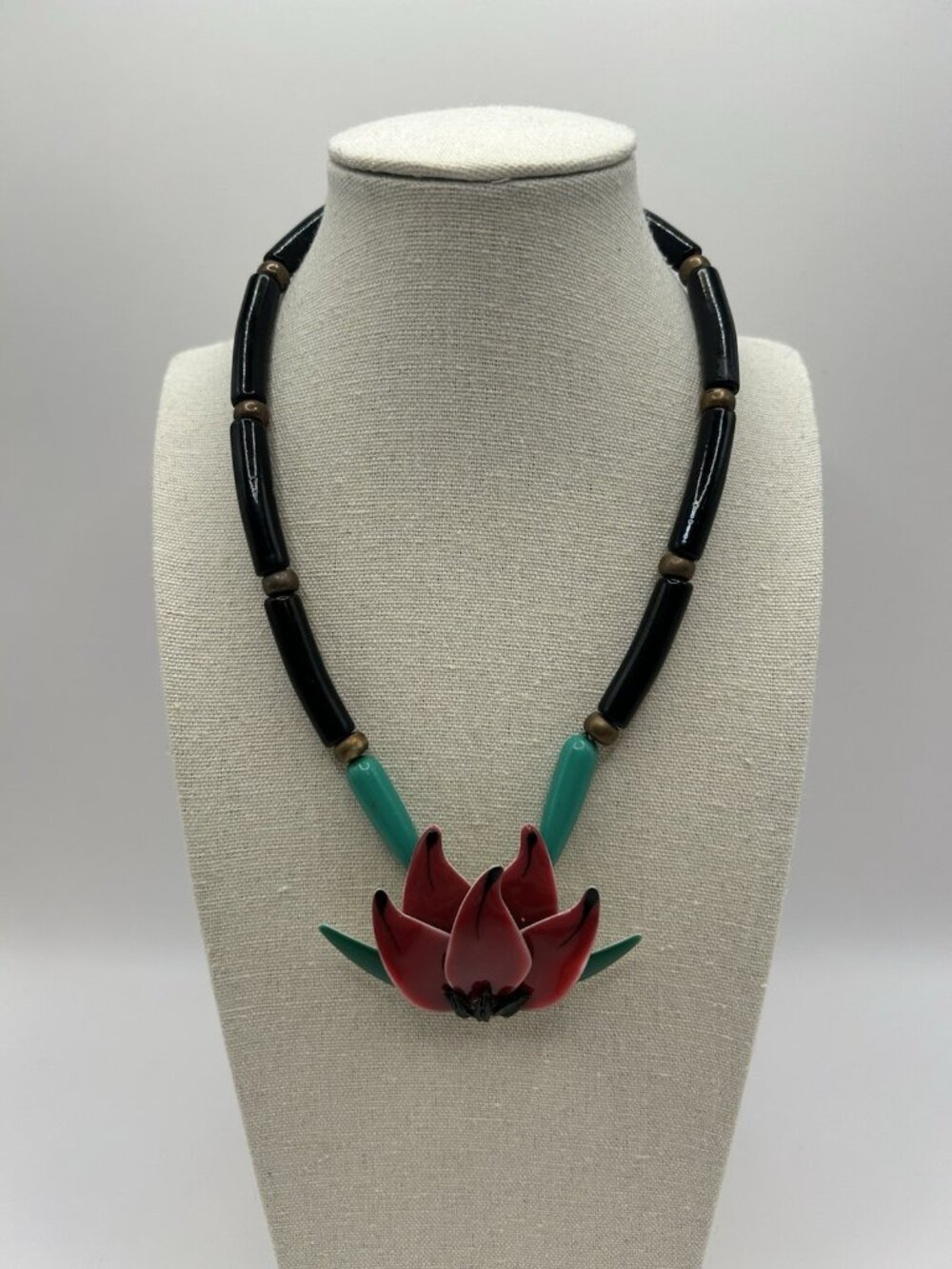 Lotus Flower Necklace Enamel Metal Pendant Tube Beaded Vintage Floral Retro 17” - Picture 2 of 16